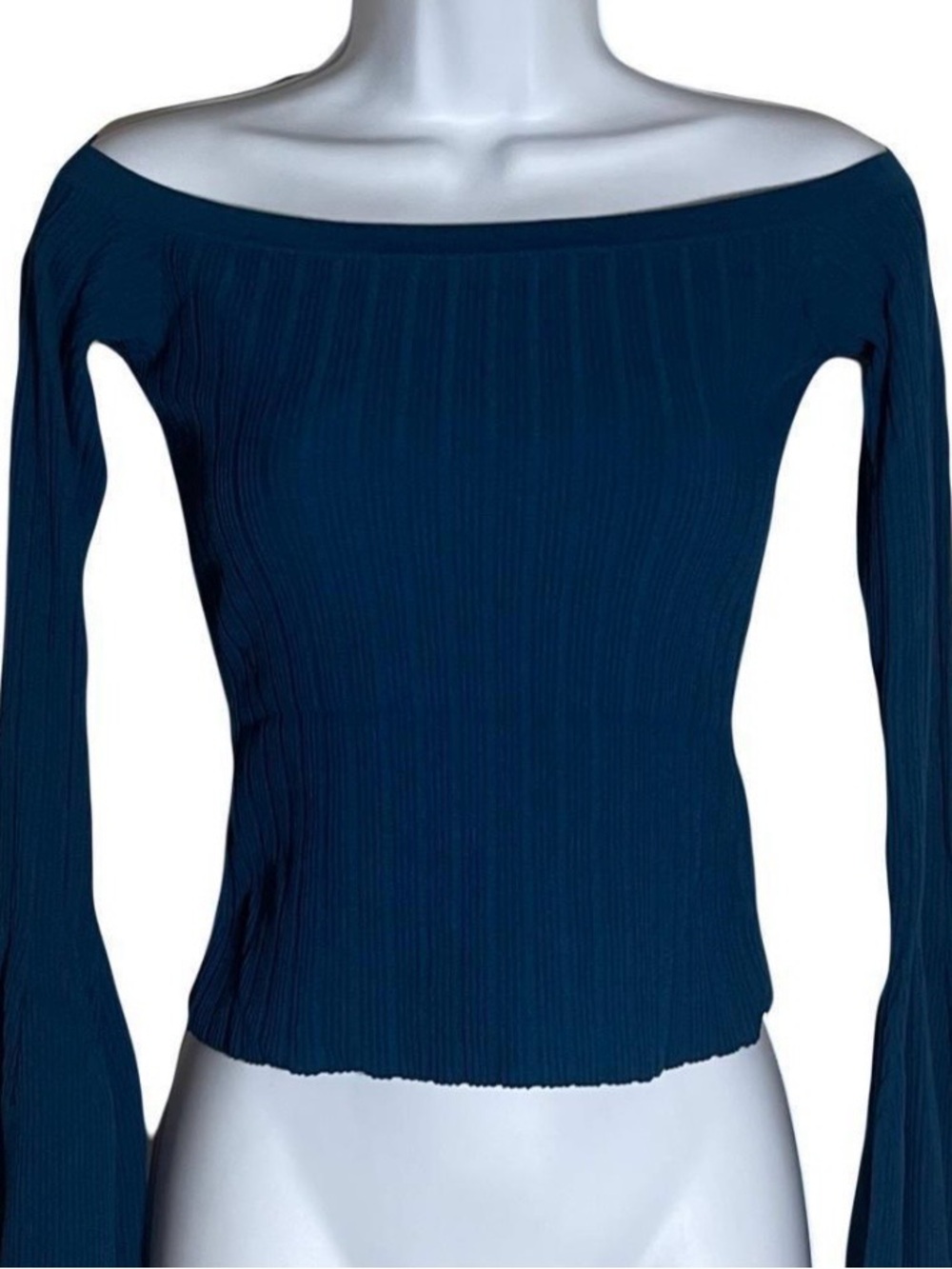 bebe Off-the-Shoulder Ribbed Navy Top
